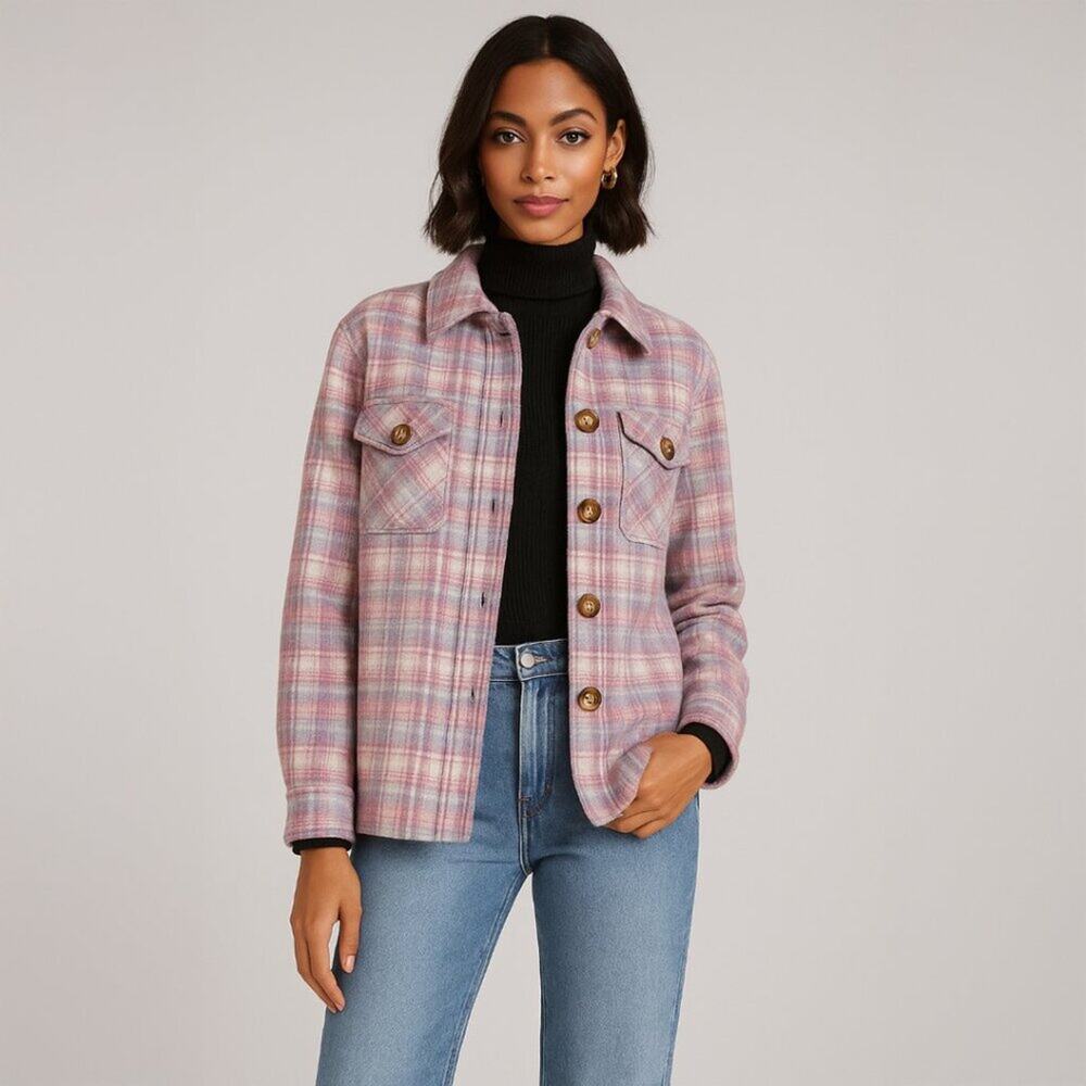 A011 β’ Pink Plaid Button-Front Shacket Jacket